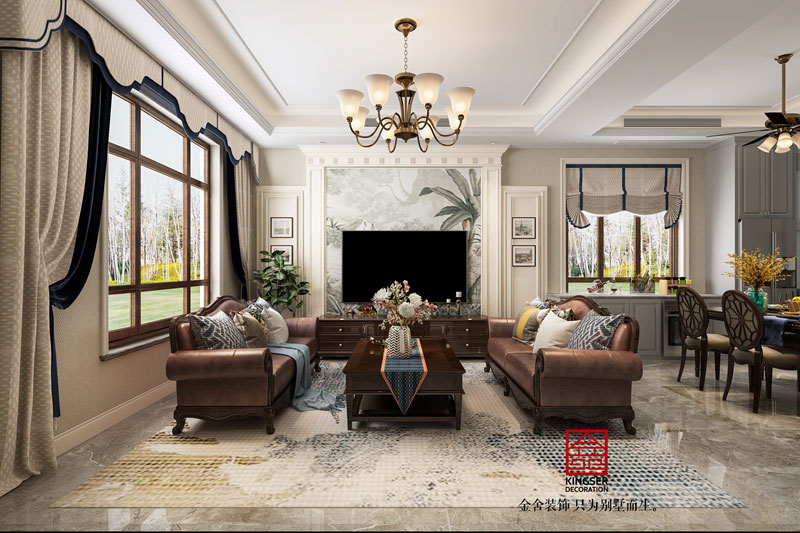 西山林語(yǔ)下疊噴繪260平美式風(fēng)格裝修效果圖